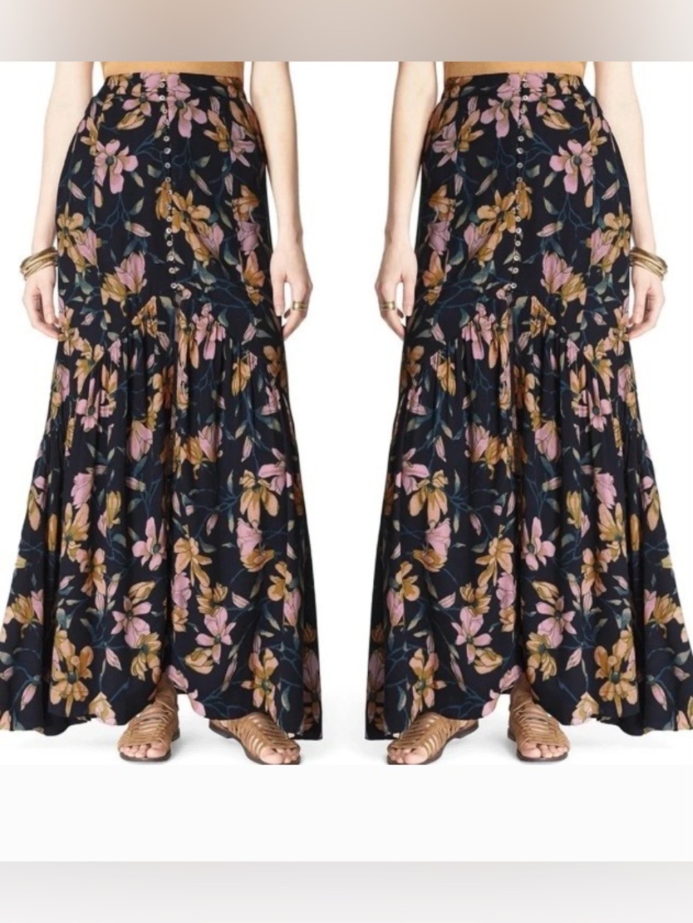 Free People Black Floral Maxi Skirt with Pink & Gold Blooms